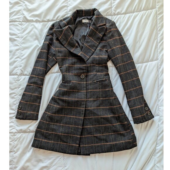 Dark Grey and Orange Plaid Coat with Gold and Black Buttons - Picture 1 of 3